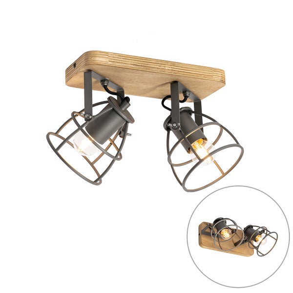 Zweiflammiger Deckenstrahler mit Holzplatte und zwei verstellbaren Metallgitterstrahlern im Industrial Design