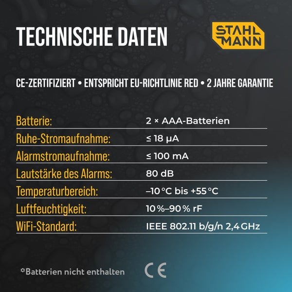 Stahlmann Logo. Technische Daten: CE-zertifiziert, 2 AAA-Batterien, 80 Dezibel, minus 10 bis plus 55 Grad Celsius, WiFi-Standard 2,4 Gigahertz.