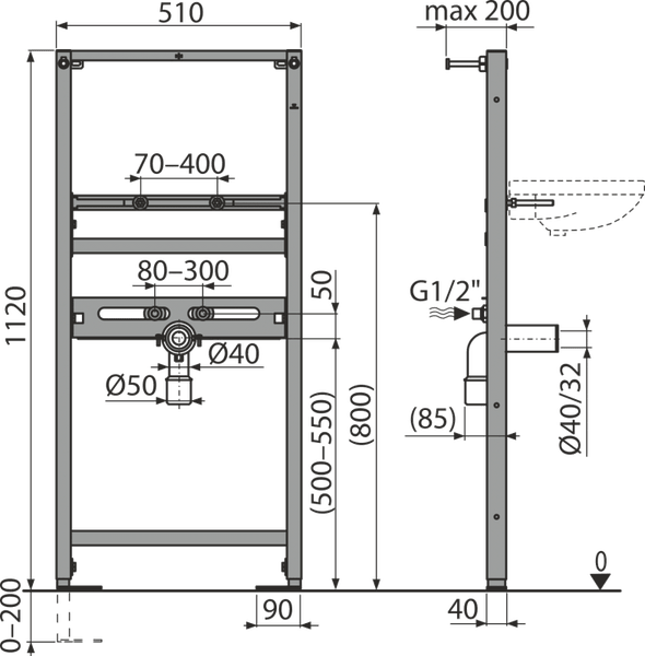 Technische Zeichnung eines Waschbecken-Vorwandelements mit Abmessungen: Höhe 1120 Millimeter und Breite 510 Millimeter.