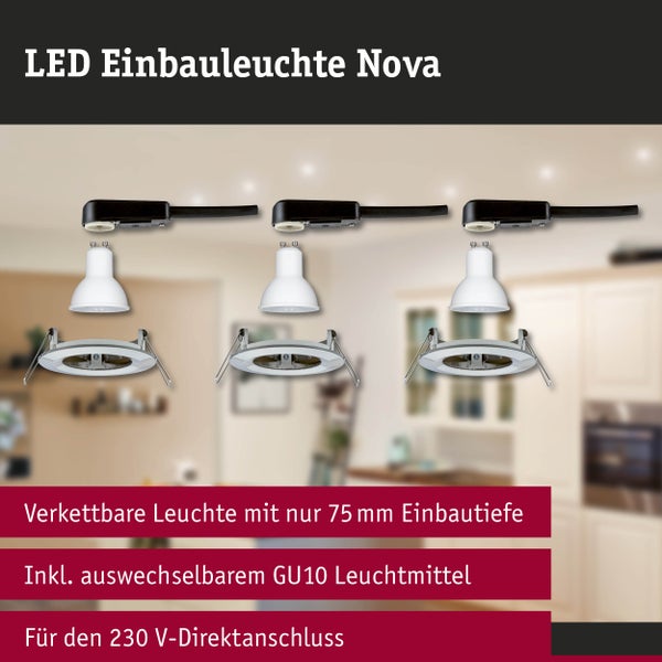 LED-Einbauleuchte Nova, drei verkettbare Leuchten, GU10-Leuchtmittel, 75 Millimeter Einbautiefe, für 230 Volt Direktanschluss.