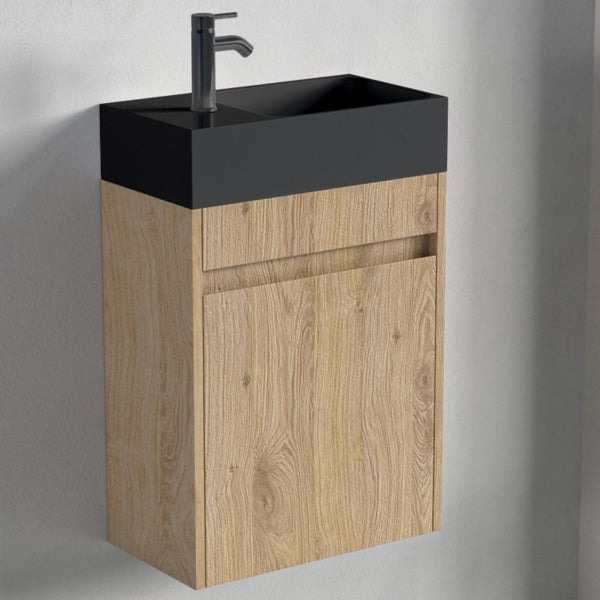 Wandhängender Waschbeckenunterschrank mit Holzoptik-Front und integriertem Waschbecken inklusive Armatur