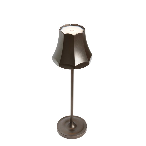 Moderne LED-Tischleuchte in Dunkelbraun mit einem Schirm in Blütenform und einem runden Standfuß.