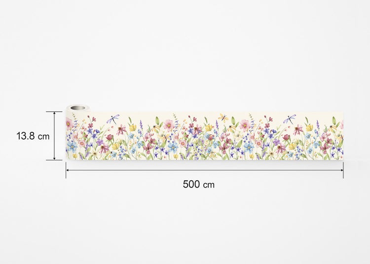 Tapetenbordüre mit bunten Wiesenblumen und Libellen, 13,8 Zentimeter hoch und 500 Zentimeter lang.