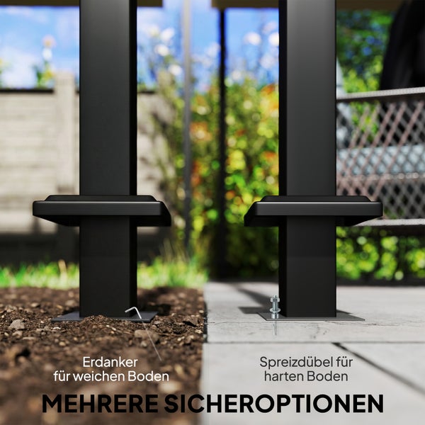 Montageoptionen für schwarze Pfosten: Erdanker für weichen Boden und Spreizdübel für harten Untergrund zur sicheren Befestigung.