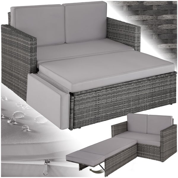 Polyrattan-Gartensofa mit ausziehbarer Fußstütze für Liegefunktion, inklusive wasserabweisender Polster mit Reißverschluss.