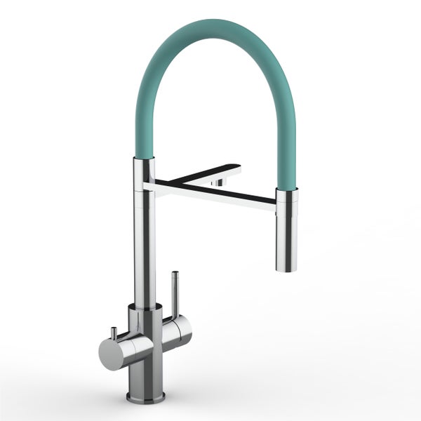 5 Wege Wasserhahn Küchenarmatur, Edelstahl Massiv mit 360° schwenkbarem Auslauf, abnehmbare 2 strahl Handbrause, Hochglanz / Türkis