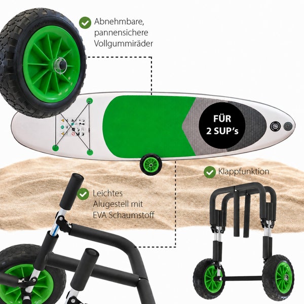 SUP Transportwagen für zwei Stand Up Paddle Boards mit abnehmbaren Vollgummirädern, Aluminiumrahmen und Klappfunktion.