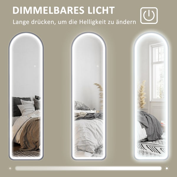 HOMCOM Bogen Ganzkörperspiegel mit Beleuchtung, 150 x 40 cm Standspiegel mit LED, 3 Lichtfarben, Wandspiegel mit Ständer, Touch-Schalter, für Schlafzimmer, Wohnzimmer, Schwarz