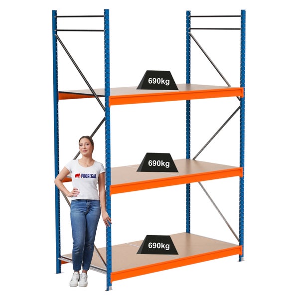 Lagerregal mit drei Ebenen und einer Traglast von 690 Kilogramm pro Ebene