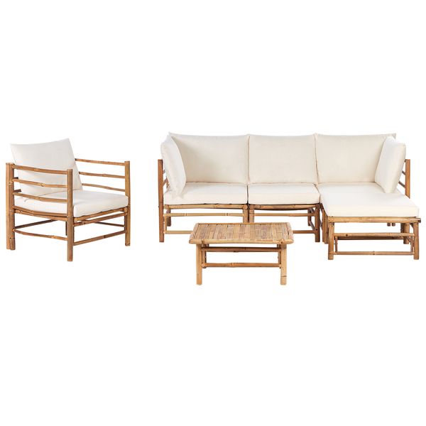 Lounge Set mit Tisch 5-Sitzer CERRETO linksseitig Bambusholz Cremeweiß