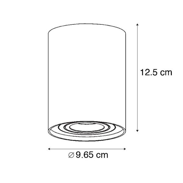 Technische Zeichnung einer Leuchte mit den Maßen 12,5 cm Höhe und 9,65 cm Durchmesser.