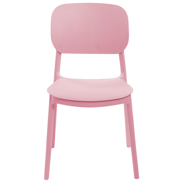 Moderner Kunststoffstuhl in Rosa mit geformter Sitzfläche und vier Beinen.