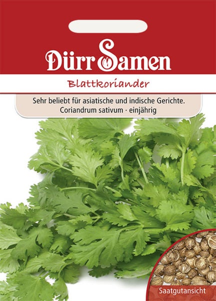 Samentüte für Blattkoriander der Marke Dürr Samen mit Abbildung von frischem Koriander und einer Detailansicht der Samen.