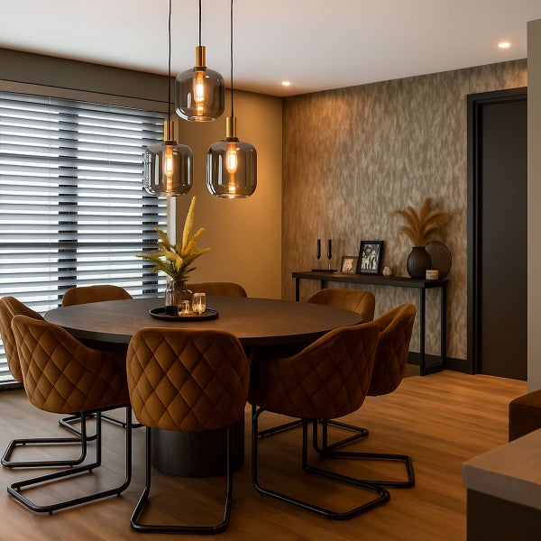 Esszimmer mit Esstisch, Stühlen und Pendelleuchten