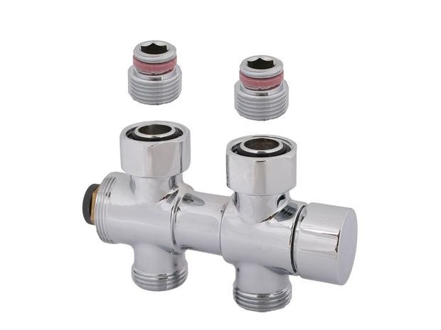 Verchromter Heizkörper-Hahnblock mit zwei separaten Einschraubnippeln und einem Bedienknopf.