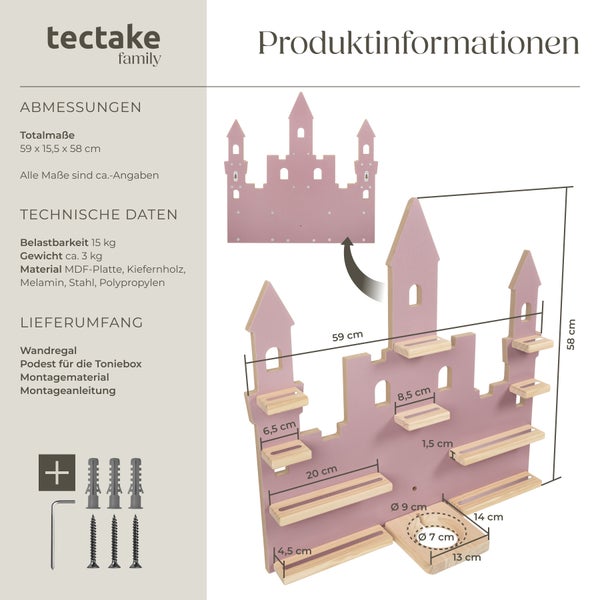 Abmessungen des Tectake Wandregals im Schlossdesign mit Regalböden, inklusive Montagezubehör