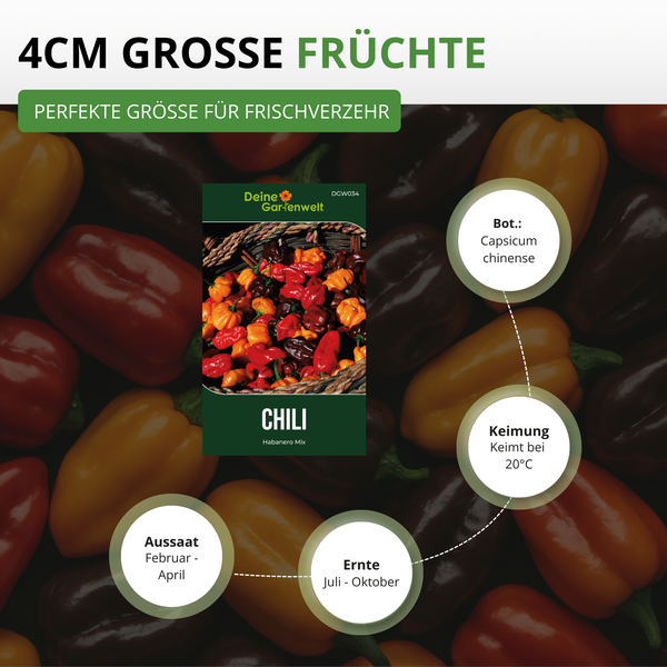 Chili Habanero Mix, Deine Gartenwelt Logo. Früchte 4 Zentimeter, Aussaat Februar bis April, Ernte Juli bis Oktober, Keimung bei 20 Grad.