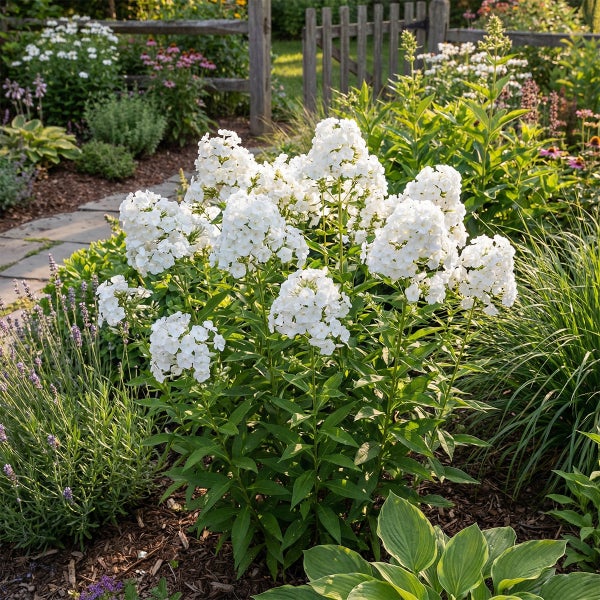 Weiße Flammenblumen Phlox paniculata in voller Blüte in einem sonnigen Garten mit Lavendel und einem Holzzaun.