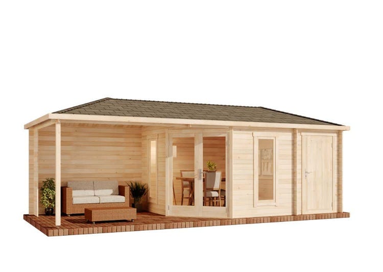 Alpholz 5-Eck Gartenhaus Liwa mit Anbau aus Holz in Imprägnierung Pinie mit 28mm Wandstärke und Überdachter Terasse