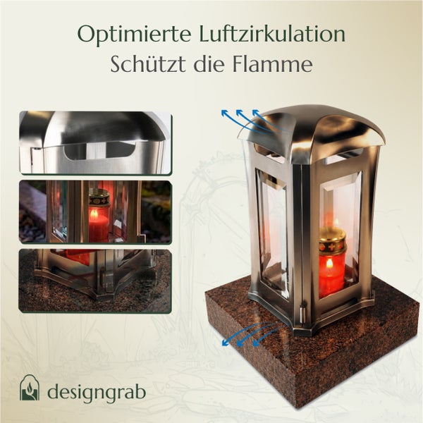 Grablampe aus Metall mit Glasfenstern auf einem Steinsockel und optimierter Luftzirkulation zum Schutz der Kerzenflamme.