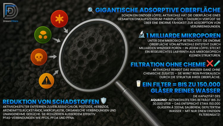 Grafik zur Funktionsweise von Aktivkohlefiltern mit Hinweisen zur Oberflächenvergrößerung, Anzahl der Mikroporen, Filtration ohne Chemie und Reduktion von Schadstoffen.