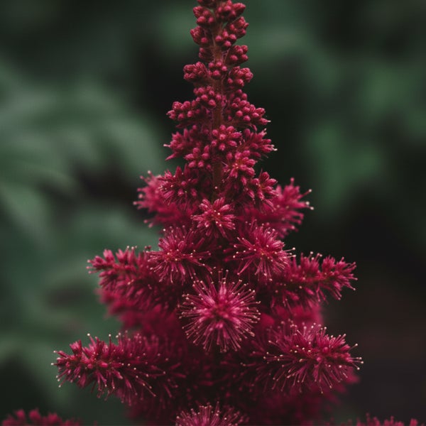 Nahaufnahme einer Astilbe Prachtspiere mit roten Blütenrispen.