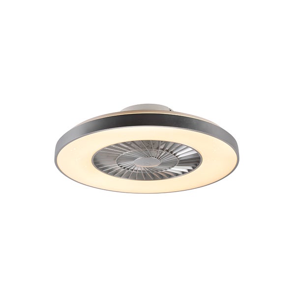 Moderner Deckenventilator mit integriertem, ringförmigem LED-Licht in Silber.
