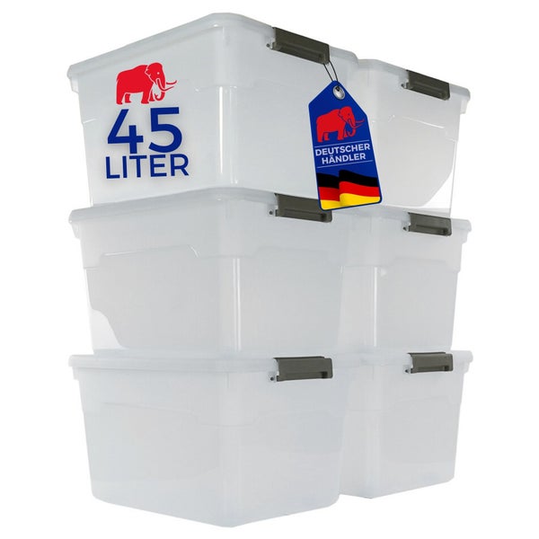 Stapelbare transparente Aufbewahrungsboxen aus Kunststoff mit Deckel und Clipverschluss, 45 Liter Fassungsvermögen, Deutscher Händler.