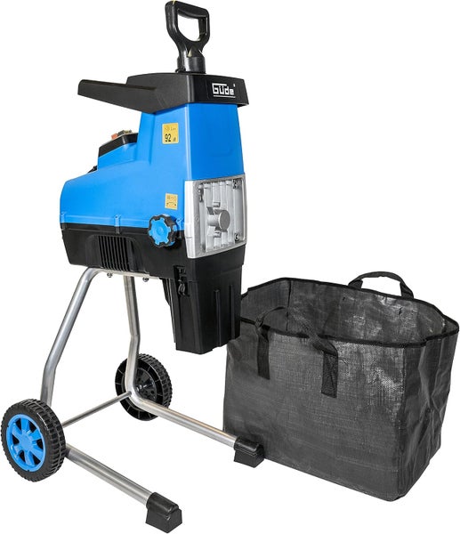 Güde Elektro-Gartenhäcksler mit robustem Fahrgestell, zwei Rädern und separatem Auffangsack.