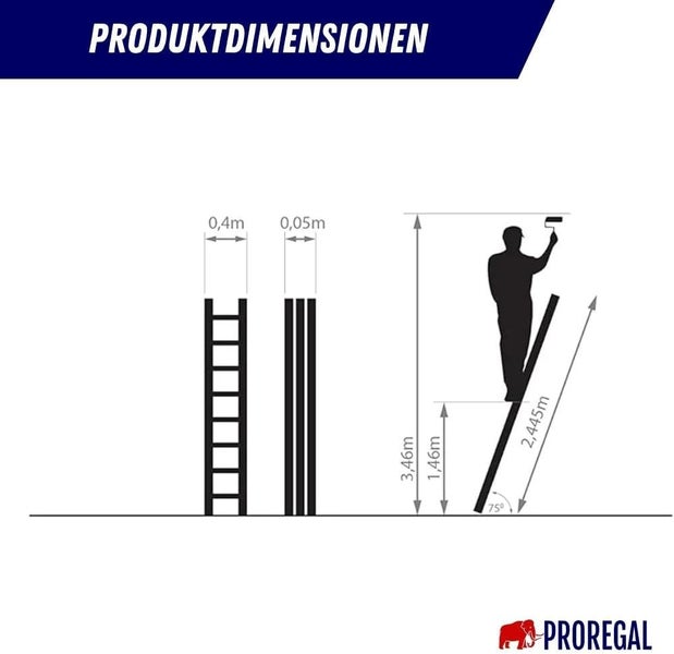PROREGAL Sprossen-Anlegeleiter ATLAS Ohne Traverse 9 Sprossen Arbeitshöhe 3,46 m Traglast 150 kg