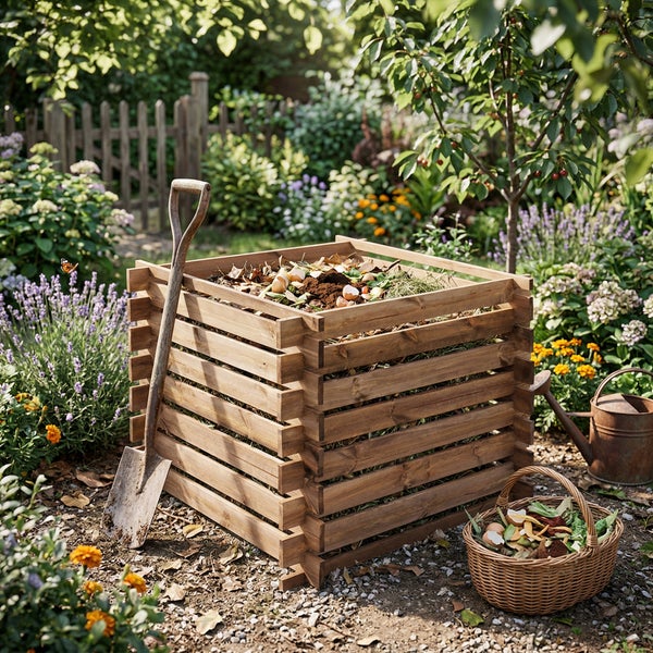 Holzkomposter im Garten gefüllt mit Bioabfall, daneben eine Schaufel und ein Metalleimer mit der Aufschrift Bioabfall.