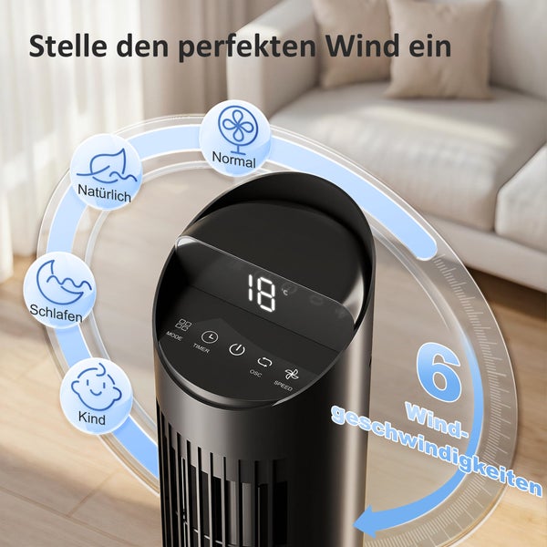 Schwarzer Turmventilator mit Digitalanzeige, 6 Geschwindigkeitsstufen und 4 Modi: Normal, Natürlich, Schlaf und Kind.