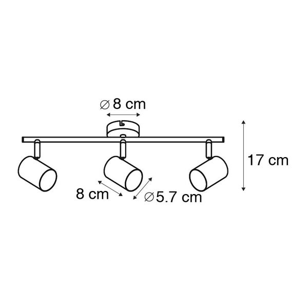 Abmessungen einer Deckenleuchte mit drei Strahlern