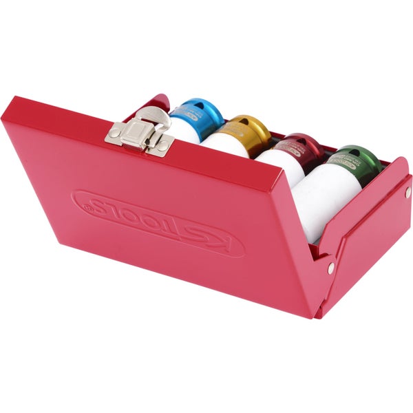 KS Tools Logo im roten Werkzeugkasten mit vier farbigen Steckschlüsseln