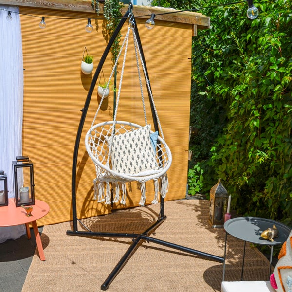 Makramee Hängesessel in Beige und 215cm Gestell bis 120kg