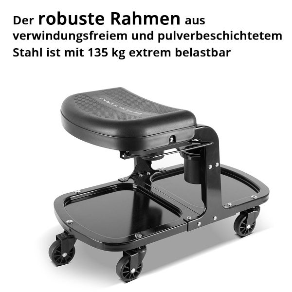 Werkstatthocker mit Rollen, Sitz und Ablagefläche