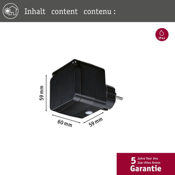 Schwarzer Außen-Steckdosenadapter mit Dämmerungssensor, Maße 59 mal 60 mal 59 Millimeter, Schutzart IP44, fünf Jahre Garantie.