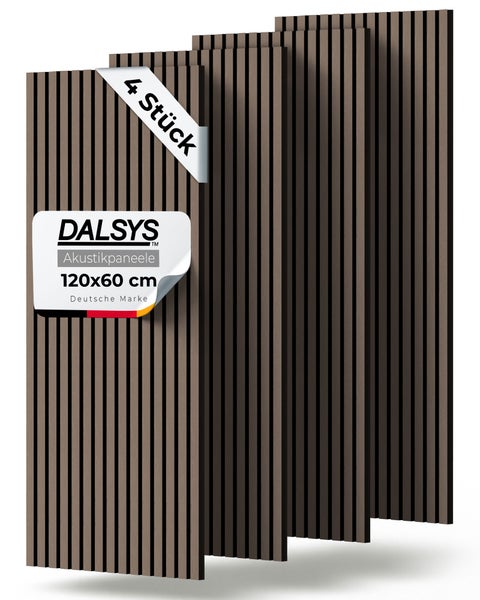 Dalsys Logo. Set mit 4 Akustikpaneelen in Holzlamellen-Optik, Maße 120 mal 60 Zentimeter für Wandverkleidung und Schallschutz.
