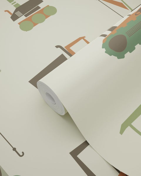 Tapete mit Baustellen-Motiv, zeigt Bagger und Kräne, für das Kinderzimmer.