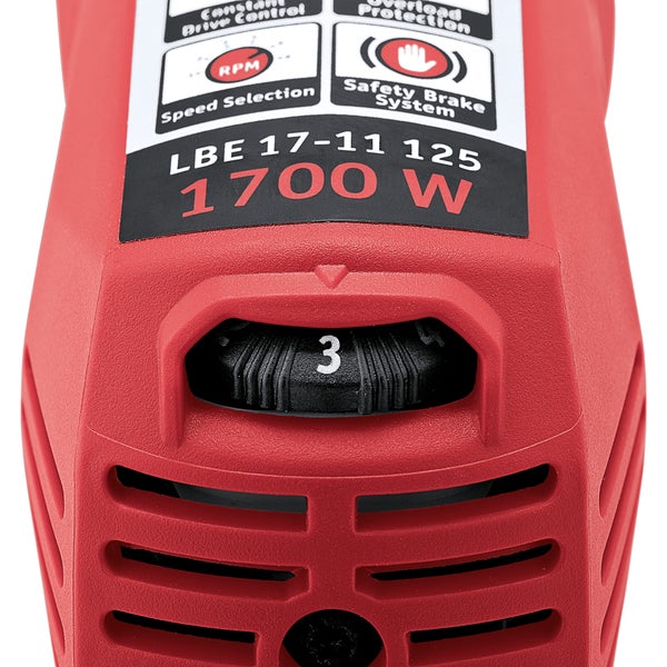 Detailansicht des Stellrads zur Drehzahlregelung an einem Winkelschleifer LBE 17-11 125 mit 1700 Watt.