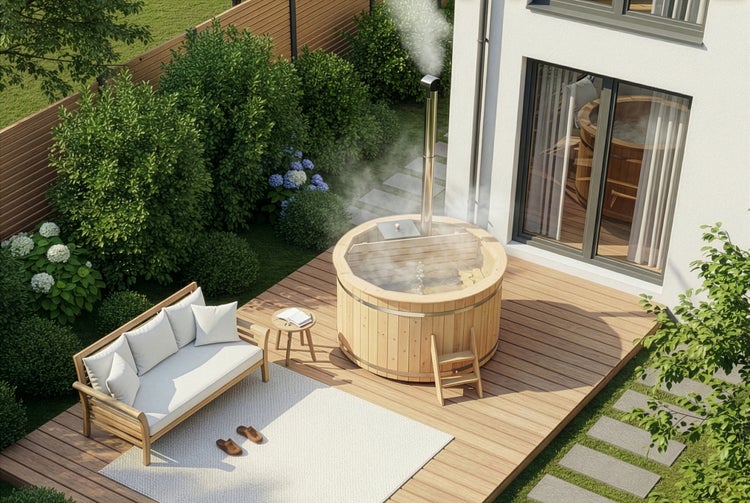 Runder Badezuber aus Holz mit integriertem Holzofen auf einer Holzterrasse neben einem Haus und einem Gartensofa mit weißen Kissen.