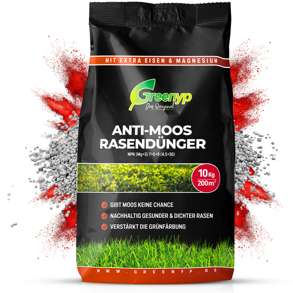 Greenyp Anti Moos Rasendünger I 2in1 Rasen- & Eisendünger 10kg für 200m² | Für Rasenflächen mit Moos | Rasendünger + Eisensulfat I Frühjahr bis Herbst