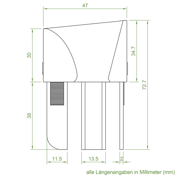 Technische Zeichnung mit Maßangaben in Millimetern für ein Bauteil zur Montage.