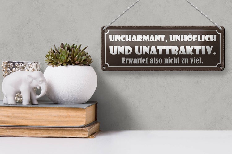 Blechschild Spruch 27x10cm uncharmant unhöflich unattraktiv Dekoration