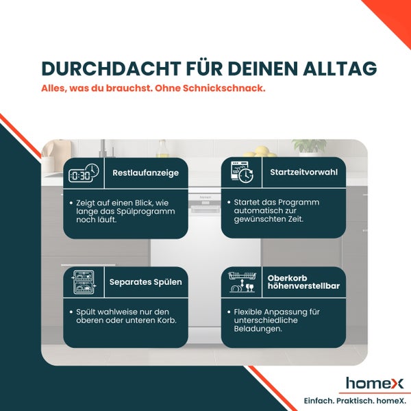Homex Geschirrspüler Merkmale: Restlaufanzeige, Startzeitvorwahl, separates Spülen, höhenverstellbarer Oberkorb