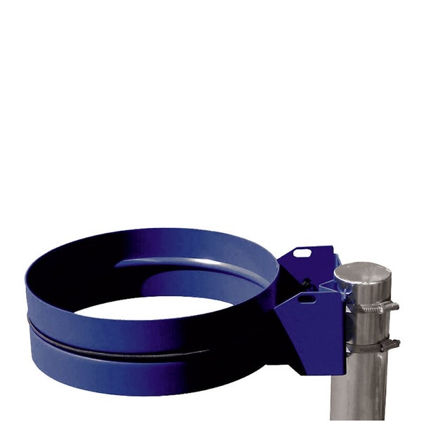 Blauer Müllsackhalter aus Metall für die Pfostenmontage.