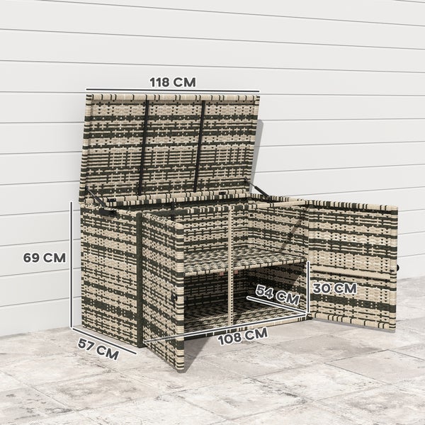 Outsunny Rattan Auflagenbox 350L 2-Ebenne wetterfest Kissenbox mit Deckel Hebestangen Tragegriffe UV-beständig Gartenbox Aufbewahrungsbox Gartentruhe für Garten Terrasse Balkon 118x57x69 cm Mischgrau