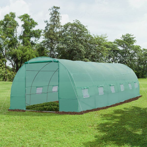 Outsunny Gewächshaus 800x300x200cm Foliengewächshaus Tomatenhaus Tür mit Moskitonetz, Fenster, Folientunnel aus verzinktem Stahl, stabiles Pflanztunnel, Treibhaus inkl. Erdanker Seilen, Grün