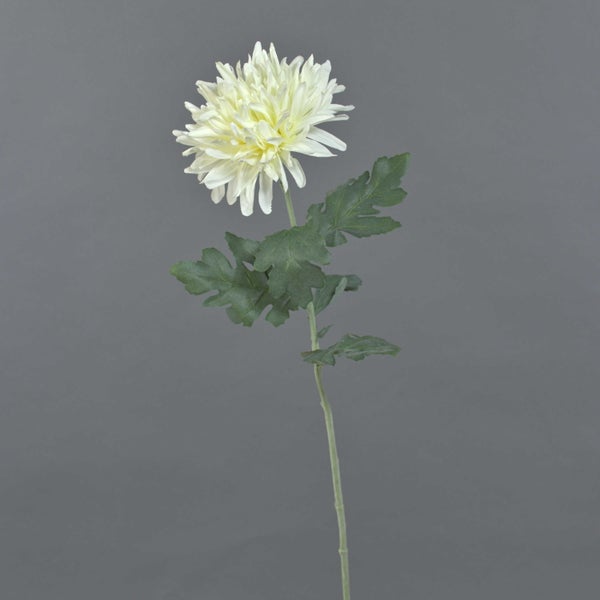 Künstliche Chrysantheme mit weißer Blüte, grünem Stiel und Blättern.