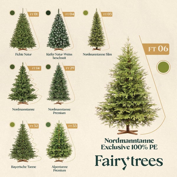 Übersicht verschiedener Fairy Trees künstliche Weihnachtsbäume in unterschiedlichen Modellen und Größen auf einem Ständer präsentiert.